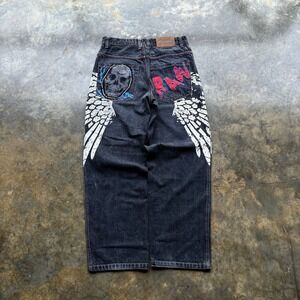 Crazy Vintage Raw Blue Embroidered Black Jeans